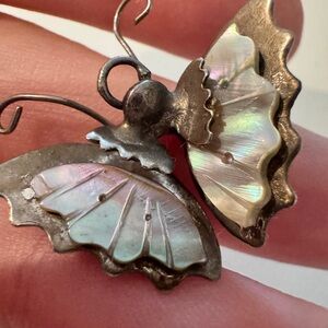 Vintage Sterling Silver Abalone Butterfly Pendant Mexico Necklace Womens